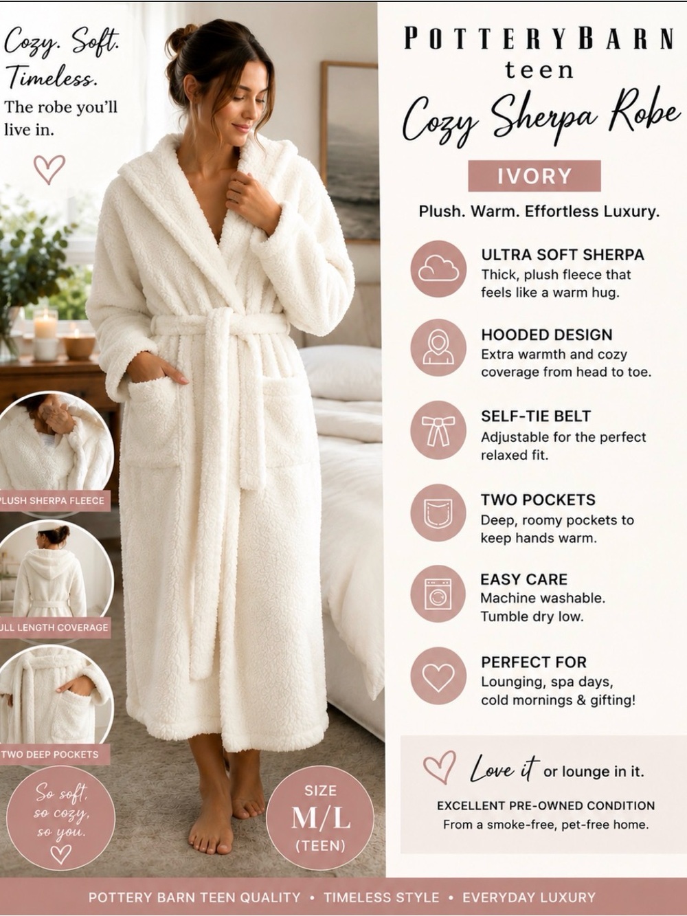 Pottery Barn Teen Cozy Sherpa Hooded Robe Ivory M/L Plush Spa Bathrobe